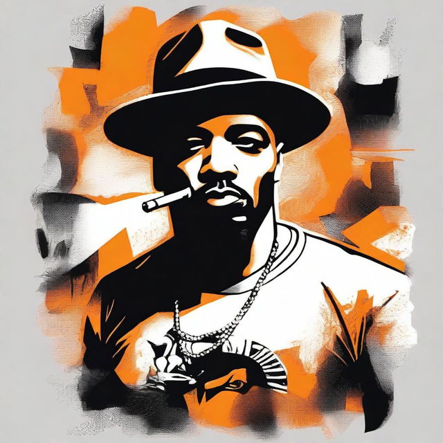 Create an image of a man wearing a t-shirt with a design featuring a portrait of a gangster character