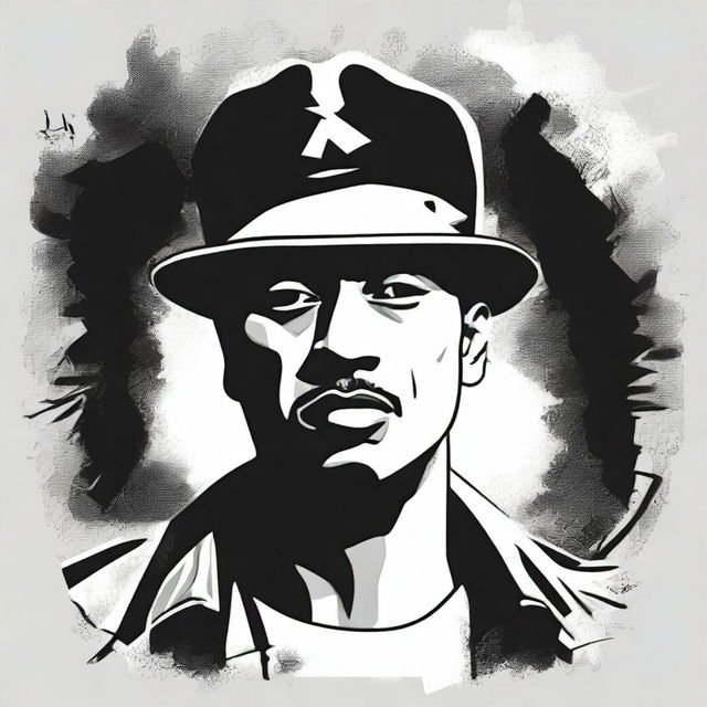 Create an image of a man wearing a t-shirt with a design featuring a portrait of a gangster character