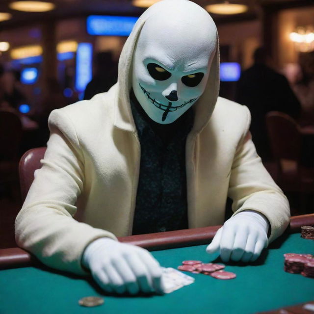 An abnormally realistic portrayal of Sans, the quirky character from the game 'Undertale', engrossed in a game of poker at a bustling, illuminated casino