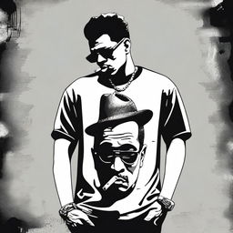 Create an image of a man wearing a t-shirt with a design featuring a portrait of a gangster character