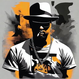 Create an image of a man wearing a t-shirt with a design featuring a portrait of a gangster character