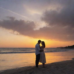 A romantic scene featuring a loving male and female couple, affectionately entwined under a beautiful sunset.