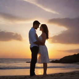 A romantic scene featuring a loving male and female couple, affectionately entwined under a beautiful sunset.