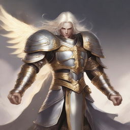 A detailed illustration of a male aasimar paladin in a fighting stance