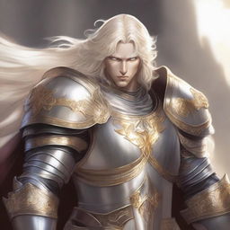 A detailed illustration of a male aasimar paladin in a fighting stance