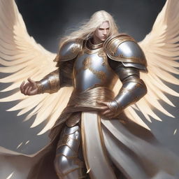 A detailed illustration of a male aasimar paladin in a fighting stance