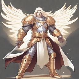 A cartoon style illustration of a male aasimar paladin in a fighting stance