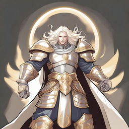 A cartoon style illustration of a male aasimar paladin in a fighting stance