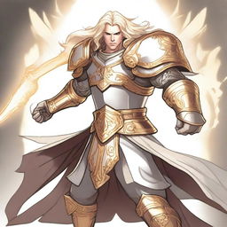 A cartoon style illustration of a male aasimar paladin in a fighting stance