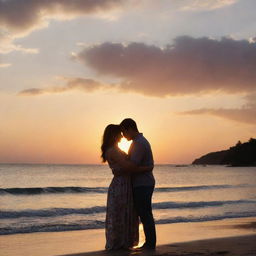 A romantic scene featuring a loving male and female couple, affectionately entwined under a beautiful sunset.