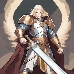 A cartoon style illustration of a male aasimar paladin in a fighting stance holding a long sword