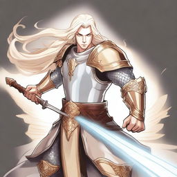 A cartoon style illustration of a male aasimar paladin in a fighting stance holding a long sword