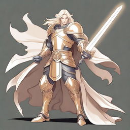 A cartoon style illustration of a male aasimar paladin in a fighting stance holding a long sword