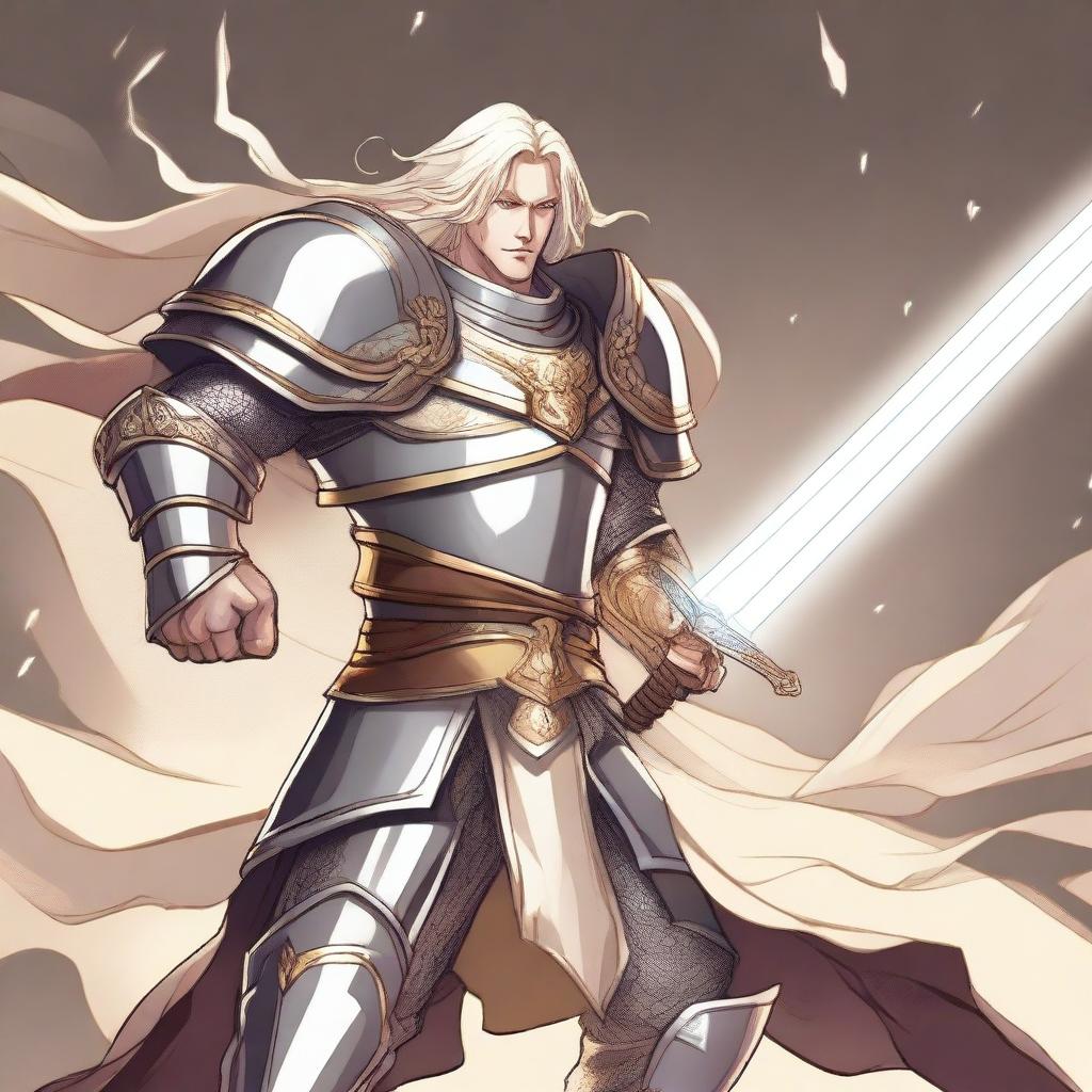 A cartoon style illustration of a male aasimar paladin in a fighting stance holding a long sword