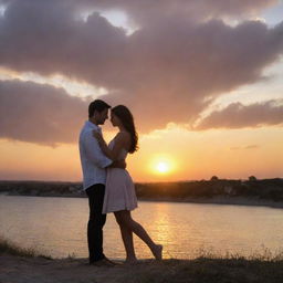 A romantic scene featuring a loving male and female couple, affectionately entwined under a beautiful sunset.