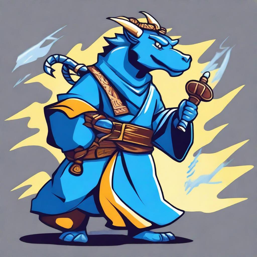 A cartoon style illustration of a male blue dragonborn monk with lightning breath