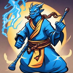 A cartoon style illustration of a male blue dragonborn monk with lightning breath