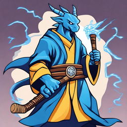 A cartoon style illustration of a male blue dragonborn monk with lightning breath