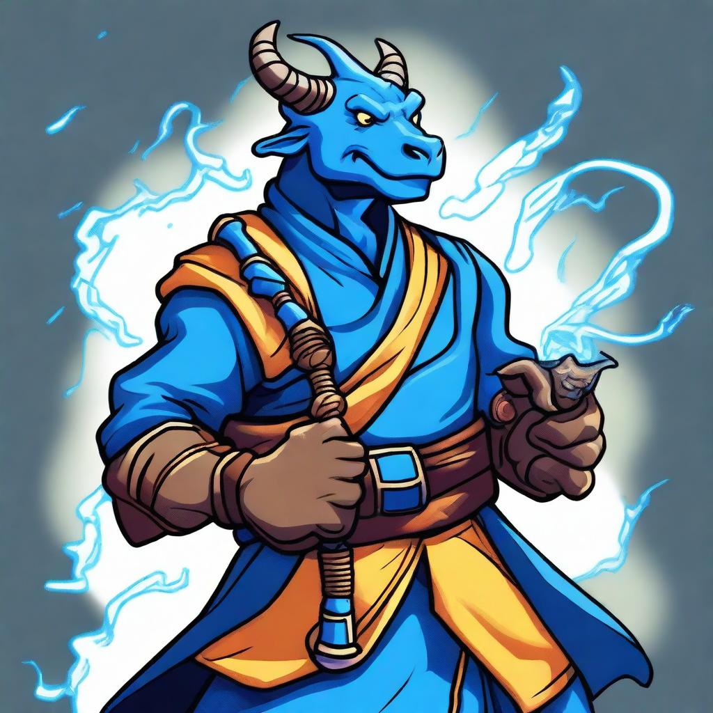 A cartoon style illustration of a male blue dragonborn monk with lightning breath