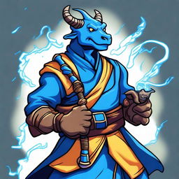 A cartoon style illustration of a male blue dragonborn monk with lightning breath