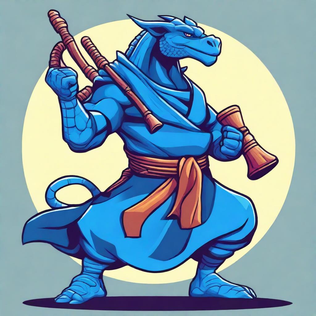 A cartoon style illustration of a male blue dragonborn monk in a fighting stance