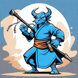 A cartoon style illustration of a male blue dragonborn monk in a fighting stance