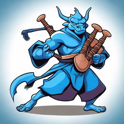 A cartoon style illustration of a male blue dragonborn monk in a fighting stance