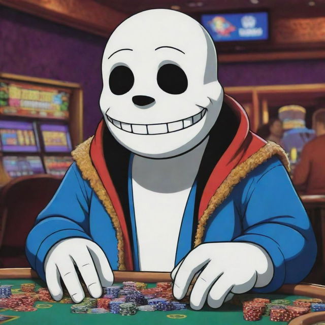 Sans from the game Undertale, depicted in a vibrant cartoon style, confidently placing a bet at a bustling casino table. The casino scene is imbued with rich, playful colors and many characters.