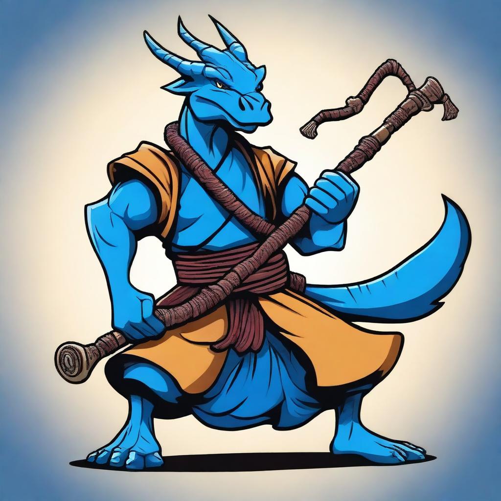 A cartoon style illustration of a male blue dragonborn monk in a fighting stance