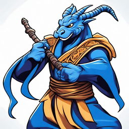 A cartoon style illustration of a male blue dragonborn monk in a fighting stance