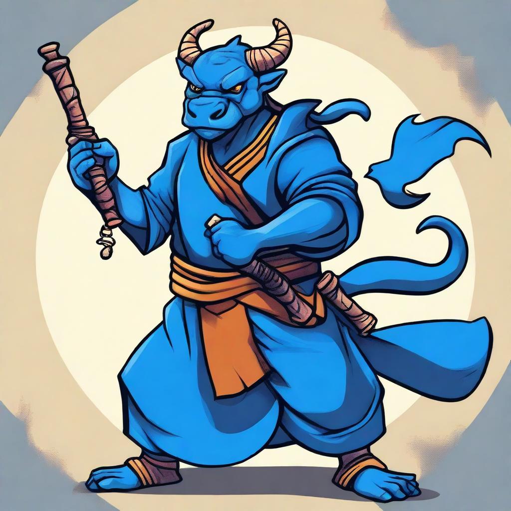 A cartoon style illustration of a male blue dragonborn monk in a fighting stance