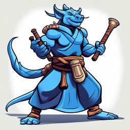 A cartoon style illustration of a male blue dragonborn monk in a fighting stance