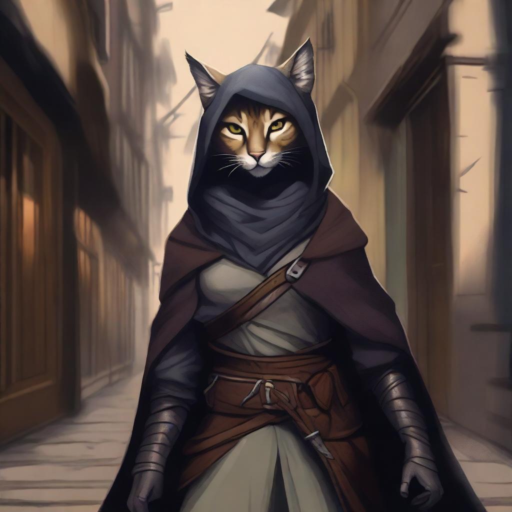 A detailed illustration of a Tabaxi female rogue, dressed in stealthy attire with light armor and a hooded cloak