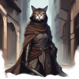 A detailed illustration of a Tabaxi female rogue, dressed in stealthy attire with light armor and a hooded cloak