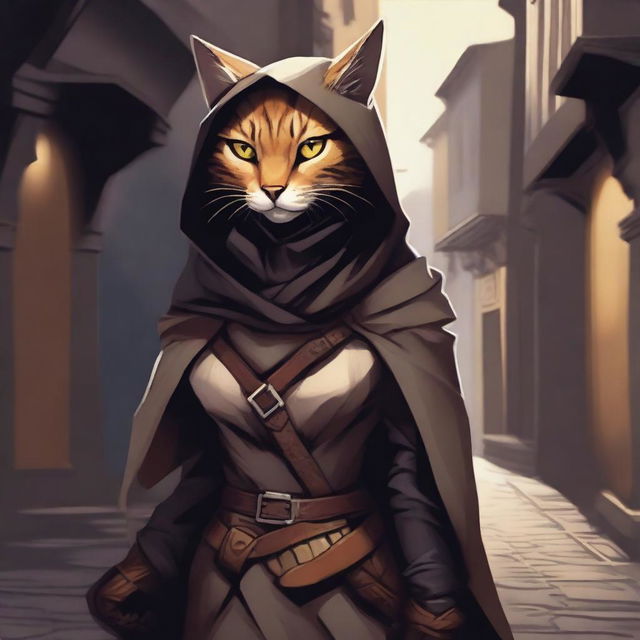 A detailed illustration of a Tabaxi female rogue, dressed in stealthy attire with light armor and a hooded cloak