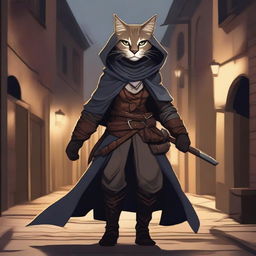 A detailed illustration of a Tabaxi female rogue, dressed in stealthy attire with light armor and a hooded cloak