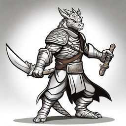 A cartoon style silver dragonborn fighter in a fighting stance, wielding a sword