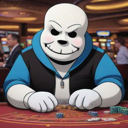 Sans from the game Undertale, depicted in a vibrant cartoon style, confidently placing a bet at a bustling casino table. The casino scene is imbued with rich, playful colors and many characters.