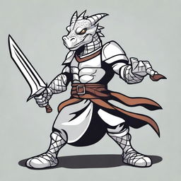 A cartoon style silver dragonborn fighter in a fighting stance, wielding a sword