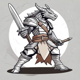 A cartoon style silver dragonborn fighter in a fighting stance, wielding a sword