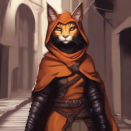 A detailed illustration of an orange Tabaxi female rogue, dressed in stealthy attire with light armor and a hooded cloak