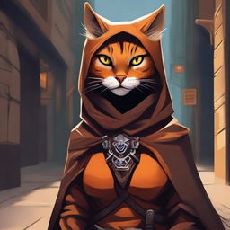 A detailed illustration of an orange Tabaxi female rogue, dressed in stealthy attire with light armor and a hooded cloak