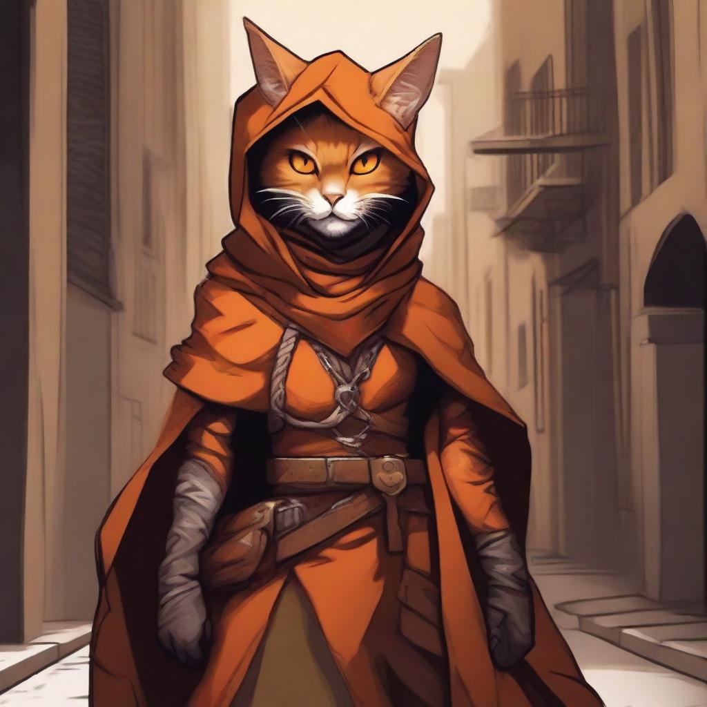 A detailed illustration of an orange Tabaxi female rogue, dressed in stealthy attire with light armor and a hooded cloak