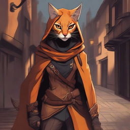 A detailed illustration of an orange Tabaxi female rogue, dressed in stealthy attire with light armor and a hooded cloak