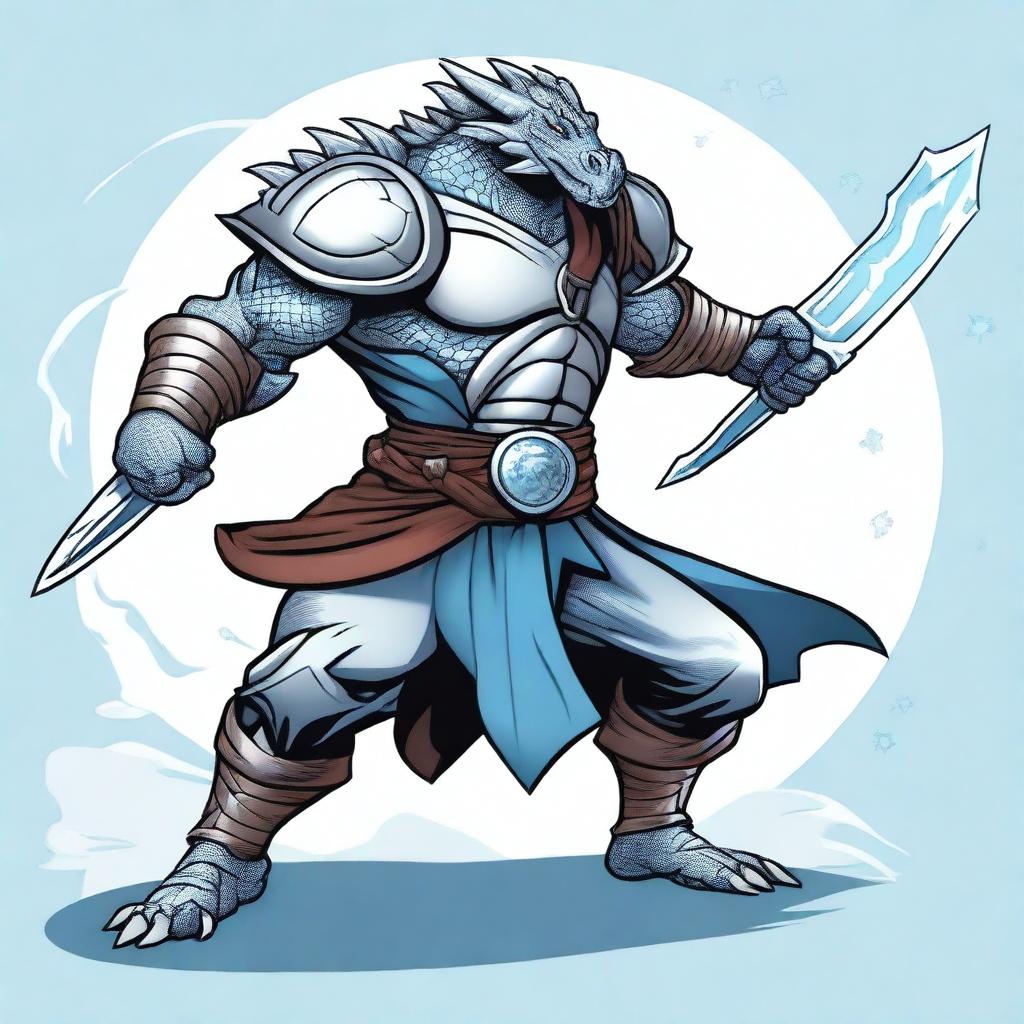 A cartoon style silver dragonborn fighter in a fighting stance, wielding a sword
