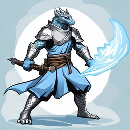 A cartoon style silver dragonborn fighter in a fighting stance, wielding a sword