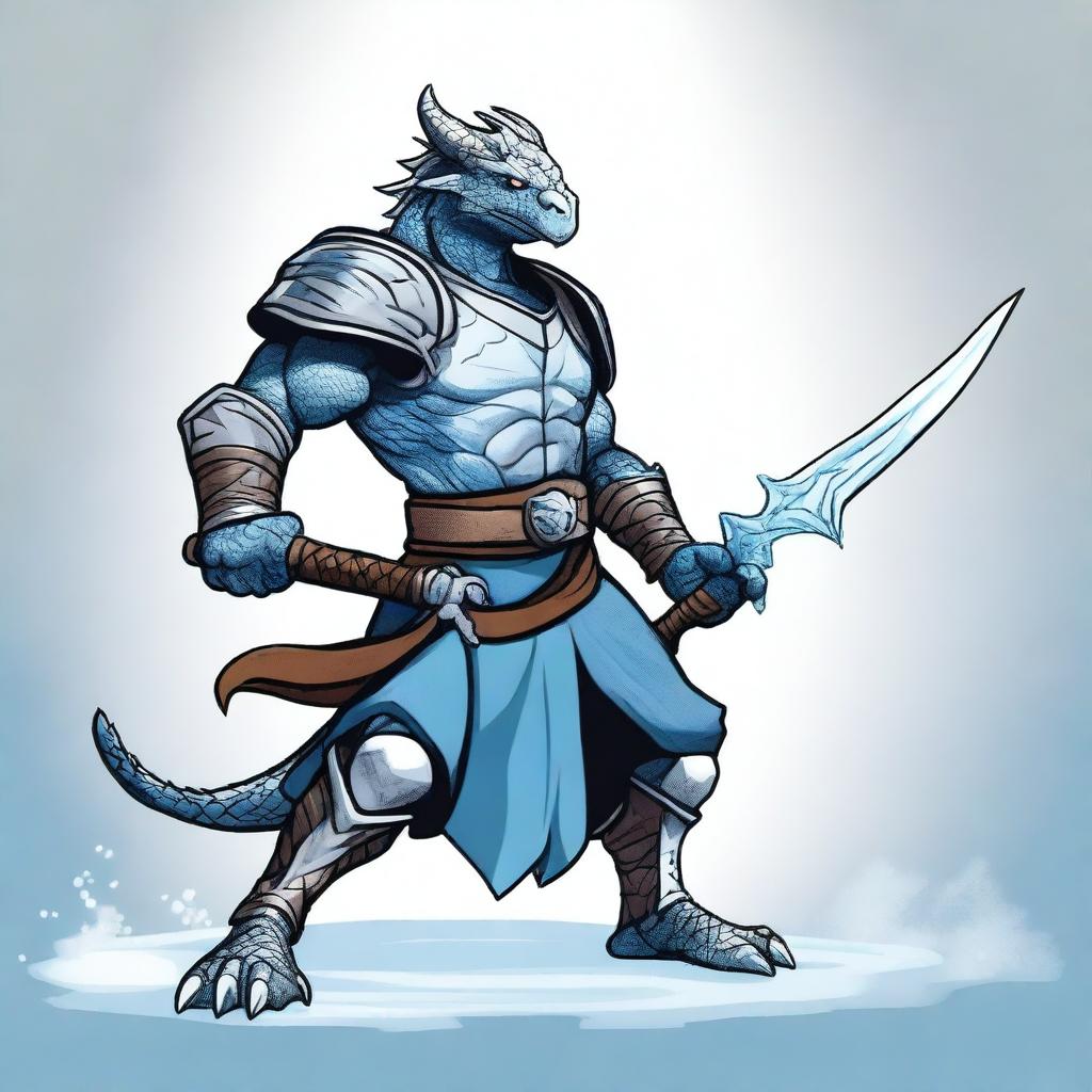 A cartoon style silver dragonborn fighter in a fighting stance, wielding a sword