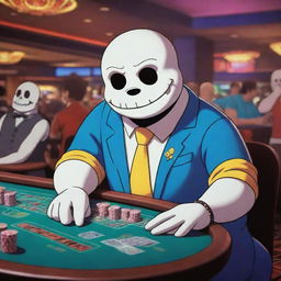 Sans from the game Undertale, depicted in a vibrant cartoon style, confidently placing a bet at a bustling casino table. The casino scene is imbued with rich, playful colors and many characters.