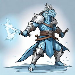 A cartoon style silver dragonborn fighter in a fighting stance, wielding a sword