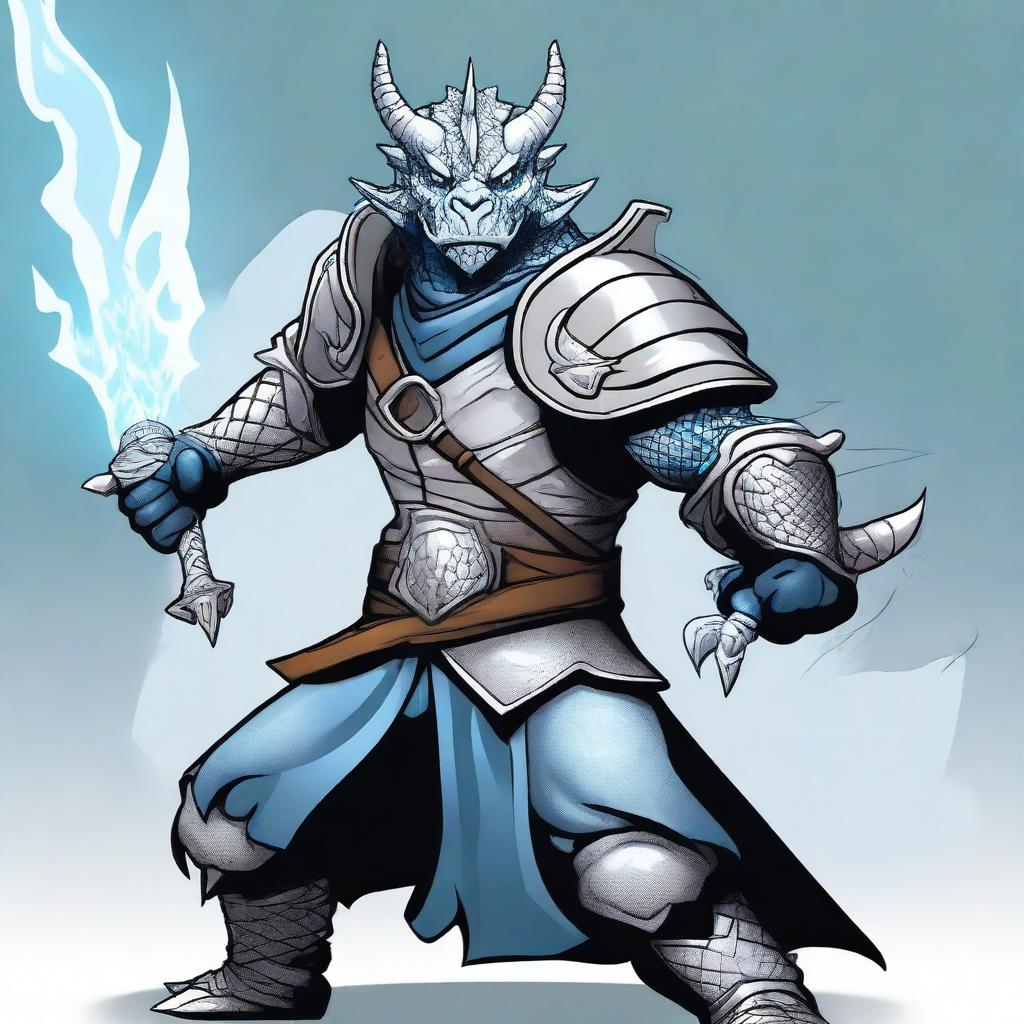 A cartoon style silver dragonborn fighter in a fighting stance, wielding a sword